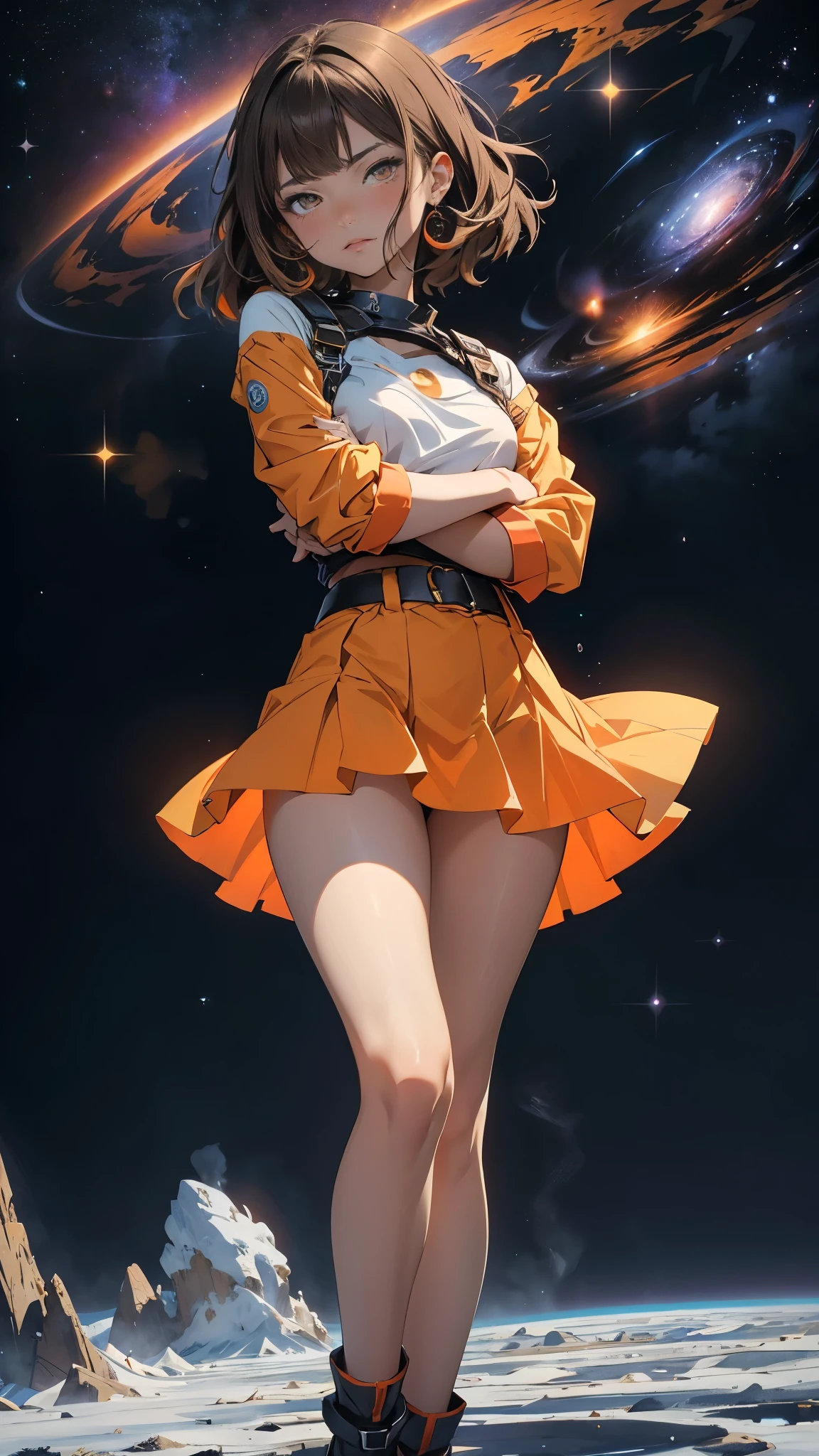 (nsfw) A captivating anime-style girl with Brown Hair and Orange eyes, her arms crossed in a defiant pose, floats in the middle of the universe. Surrounded by a colorful background, reminiscent of a vibrant cosmic landscape, she stands out with soft strokes against the space background. Her simple white shirt, contrasting against her hair color, adds an air of innocence to her seductive pose.