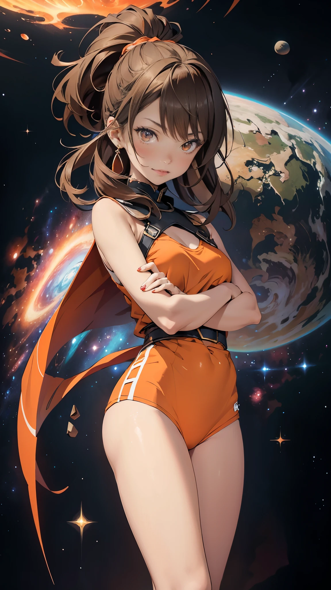 (nsfw) A captivating anime-style girl with Brown Hair and Orange eyes, her arms crossed in a defiant pose, floats in the middle of the universe. Surrounded by a colorful background, reminiscent of a vibrant cosmic landscape, she stands out with soft strokes against the space background. Her simple white shirt, contrasting against her hair color, adds an air of innocence to her seductive pose.