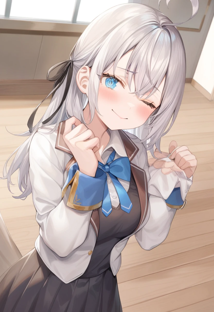 One girl,  Alisa Mikhailovna Kujo,Tomorrow, my friend, Arya-san, will be visiting Russia.,alone, Long Hair, Eyebrows visible through hair, Hair between the eyes, Silver Hair, Hair Ribbon, blue eyes, Medium chest, ,Long sleeve, Jacket,
View your viewers, Upper Body, Dutch Angle,Mouth closed, Close one eye, A light smile,
Highest quality, so beautiful, Absurd,