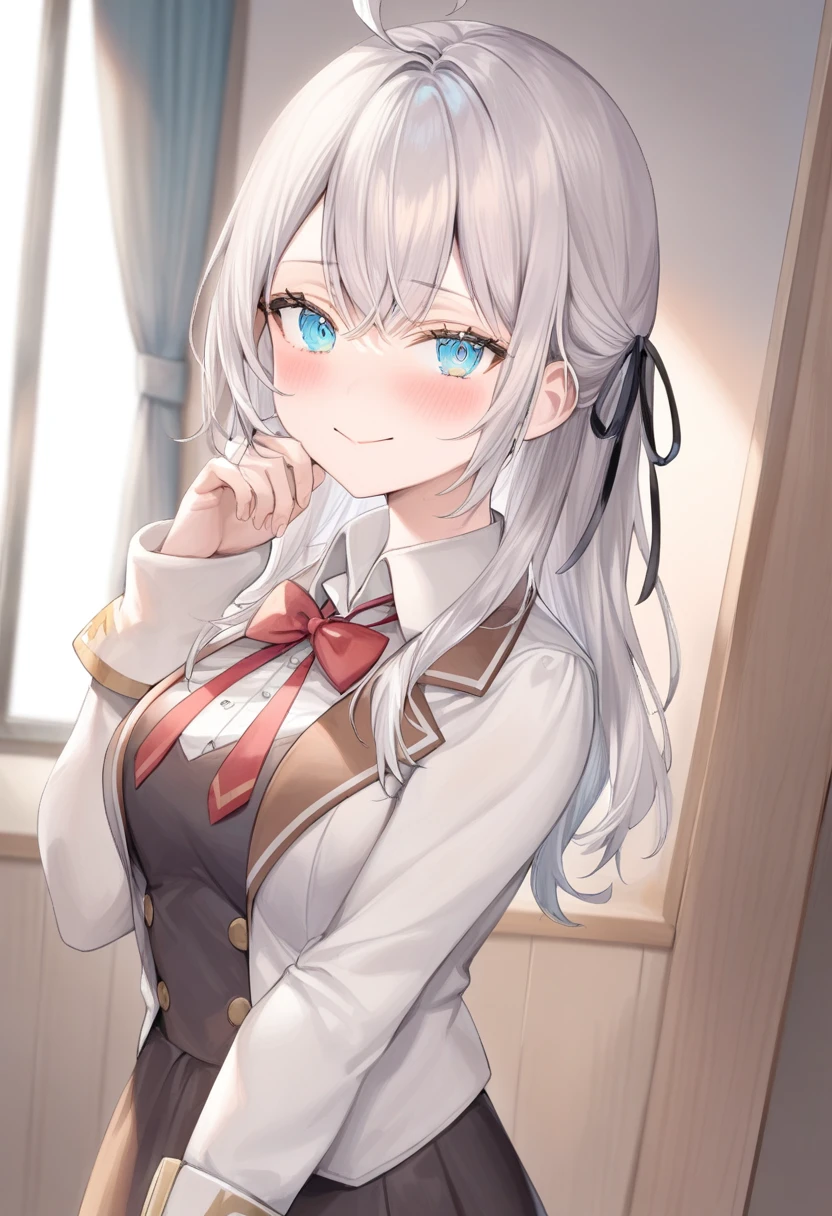 One girl,  Alisa Mikhailovna Kujo,Tomorrow, my friend, Arya-san, will be visiting Russia.,alone, Long Hair, Eyebrows visible through hair, Hair between the eyes, Silver Hair, Hair Ribbon, blue eyes, Medium chest, ,Long sleeve, Jacket,
View your viewers, Upper Body, Dutch Angle,Mouth closed, Close one eye, A light smile,
Highest quality, so beautiful, Absurd,