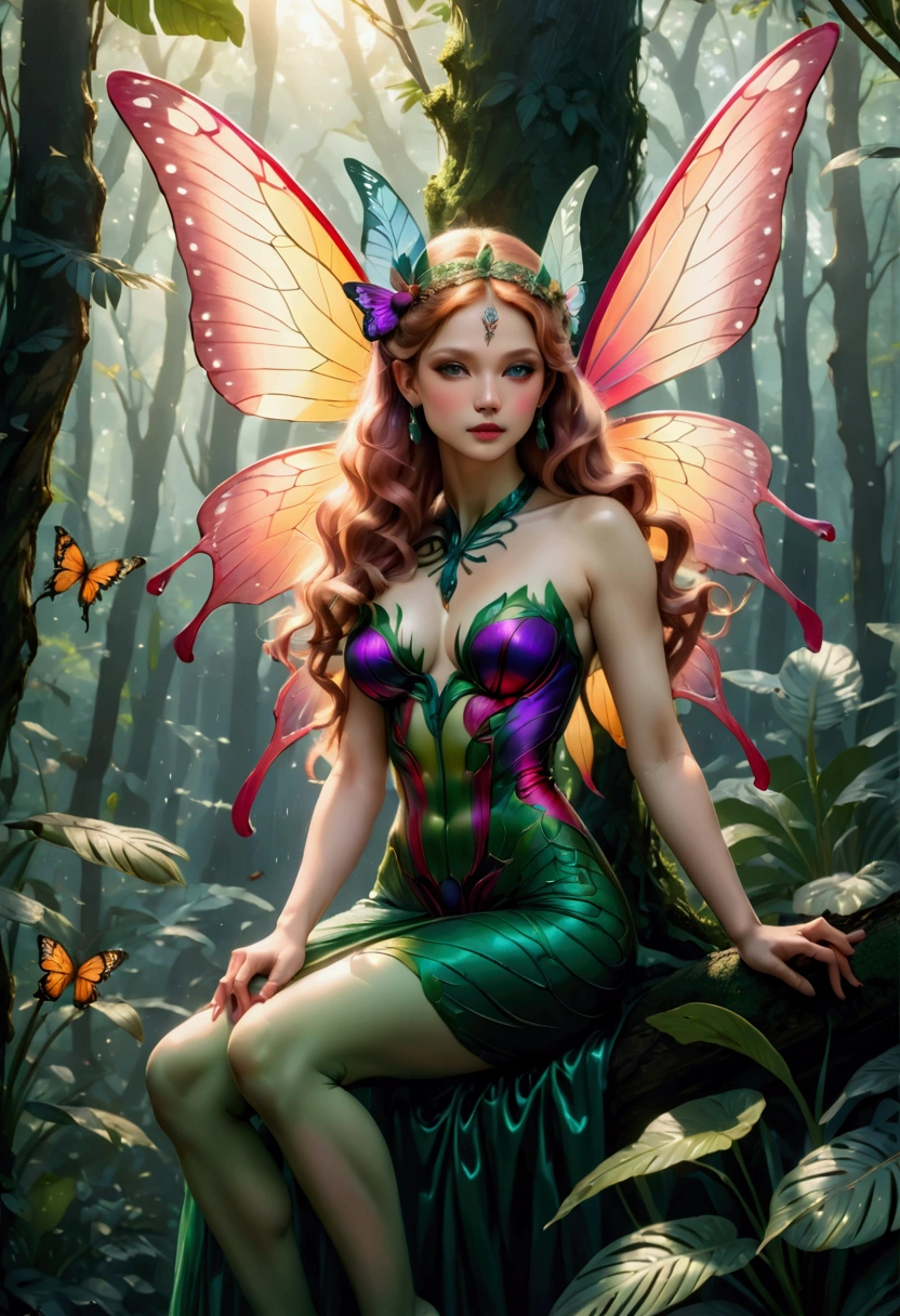 a picture of a jungle fairy, an extraordinary beautiful, elegant beauty, divine beautiful fairy, ((anatomically correct: 1.5)) spread butterfly wings, blue and purple wings, pink eyes, glowing eyes, (ultra detailed face: 1.2), best detailed face,  blond hair, rich hair, wavy hair, glamour dress, wild dress, dress decorated with jungle flowers,  sitting on massive heliconia tree the rain forest, sun rays coming through the trees, Hyperrealism style, vibrant, Ultra-high resolution, High Contrast, (masterpiece:1.5), highest quality, Best aesthetics), best details, best quality, highres, ultra wide angle, 16k, [ultra detailed], masterpiece, best quality, (extremely detailed) RAW, chumbasket art style, FairyTaleAI, fairy wings, Cinematic Hollywood Film 