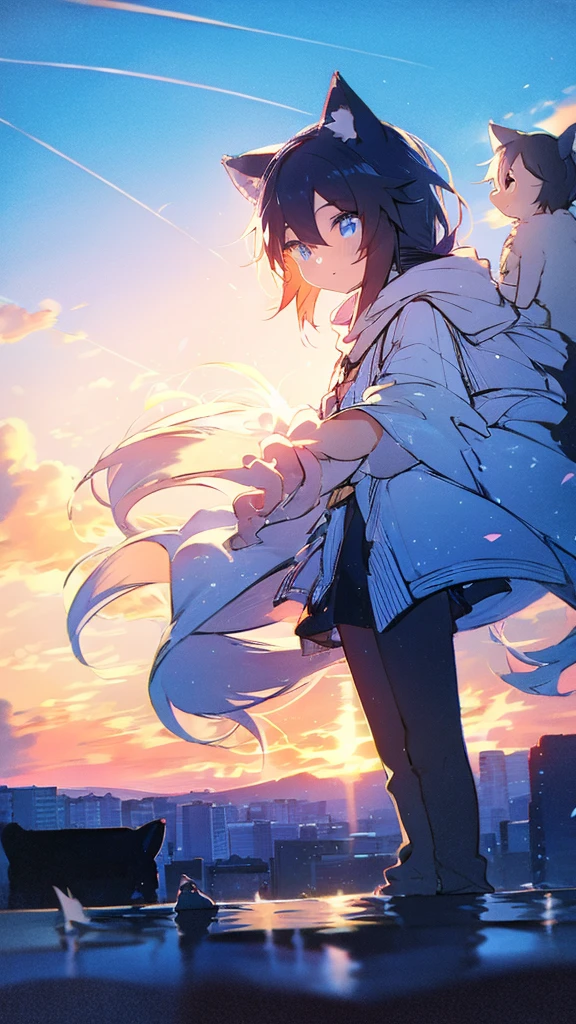 Buildings,sunset,Blue background,splash,Black haired girl with cat,Long Hair,The Giant Mount Fuji