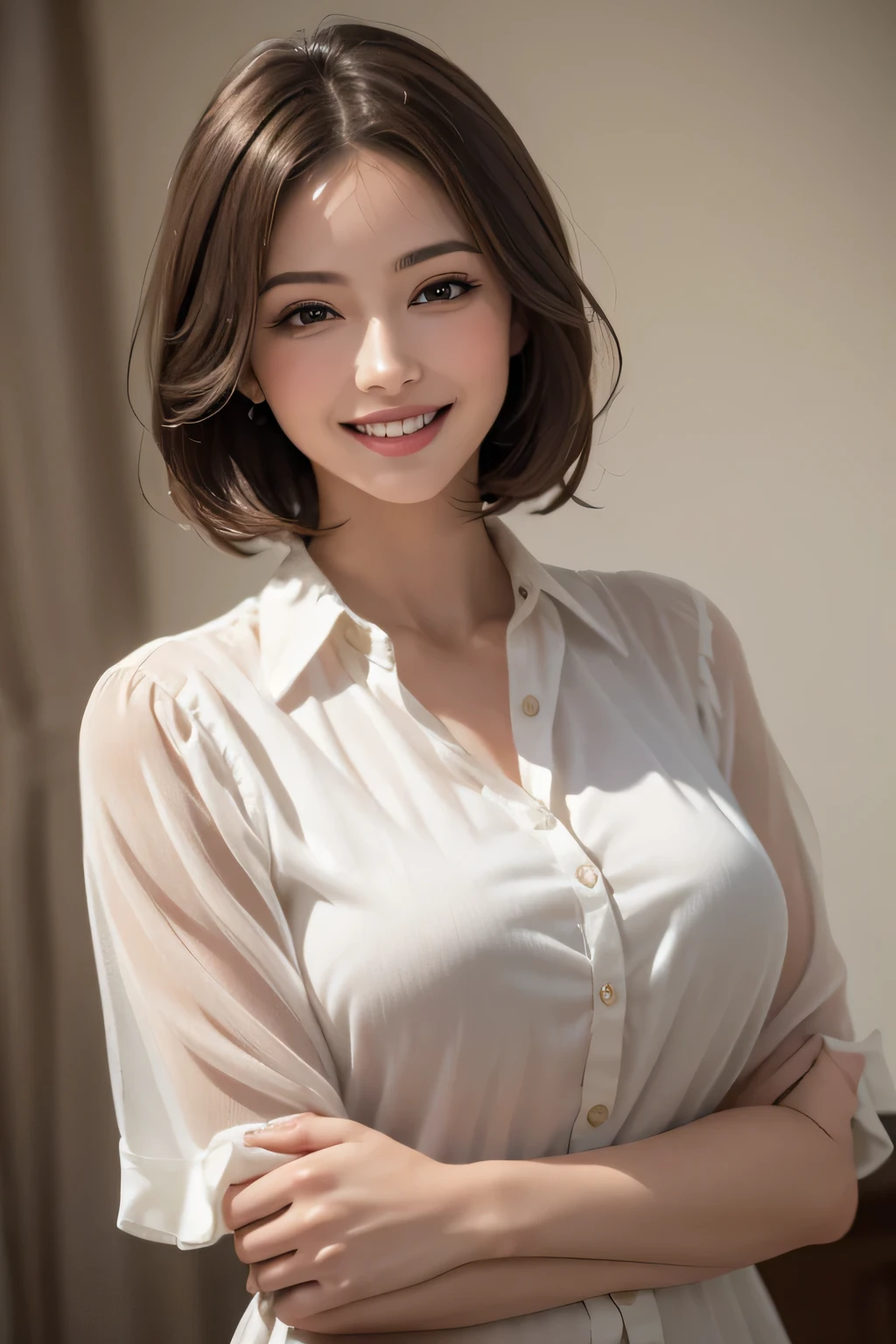 ((masterpiece)), ((Highest quality)), ((Complex)), ((Surreal)), (Realistic), (Mature Woman), ((No classes)), Very detailed, (1 female), Beautiful and exquisite, (Beautiful Teeth), Grin, Brunette bob hair, Brown eyes, ((blouse)), (Upper Body), (background:none), Perfect Eyes, Captivating eyes, Looking at the audience