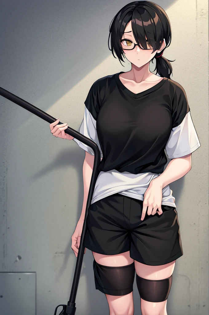 woman, hair over one eye, golden eyes, Tomboy, standing, black sweatshorts, white shirt, looking at viewer, black short hair with a ponytail, bedroom background, round glasses, bags under eyes, tired, solo, using a crutch, disabled, leaning on wall