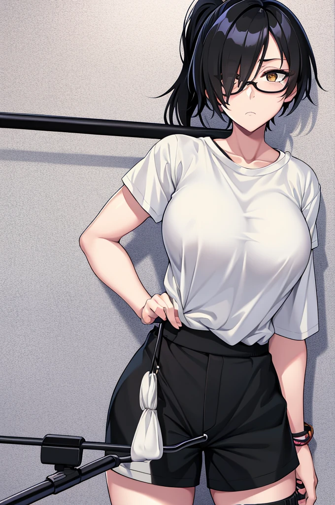 woman, hair over one eye, golden eyes, Tomboy, standing, black sweatshorts, white shirt, looking at viewer, black short hair with a ponytail, bedroom background, round glasses, bags under eyes, tired, solo, using a crutch, disabled, leaning on wall