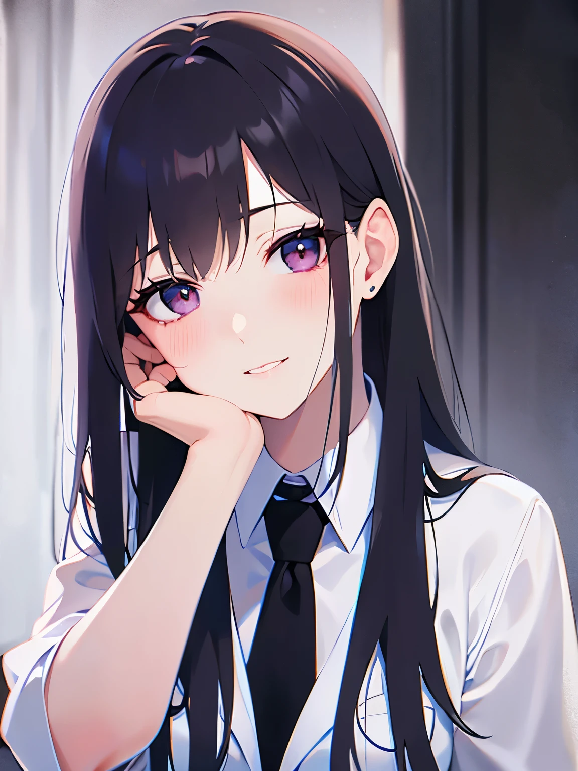 hand on own face, side angle, looking up, Upper Body, Realistic, real person, (pale skin: 1.2), RAW photo, photorealistic, shiny skin, shiny hair、(A 25-year-old woman with straight hair and bangs) and (medium hair) and (black hair) and (purple eyes) , (business suit:1.5) and (white collared shirt)、(sleepy:1.5), smile, (blush:1.3), The background is the interior of a restaurant at night.、Alone、Are standing