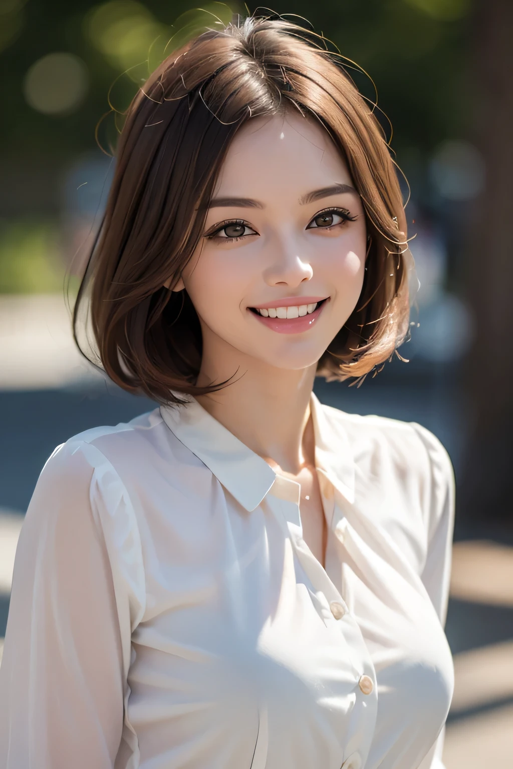 ((masterpiece)), ((Highest quality)), ((Complex)), ((Surreal)), (Realistic), (Mature Woman), ((No classes)), Very detailed, (1 female), Beautiful and exquisite, (Beautiful Teeth), Grin, Brunette bob hair, Brown eyes, ((blouse)), (Upper Body), (background:none), Perfect Eyes, Captivating eyes, Looking at the audience