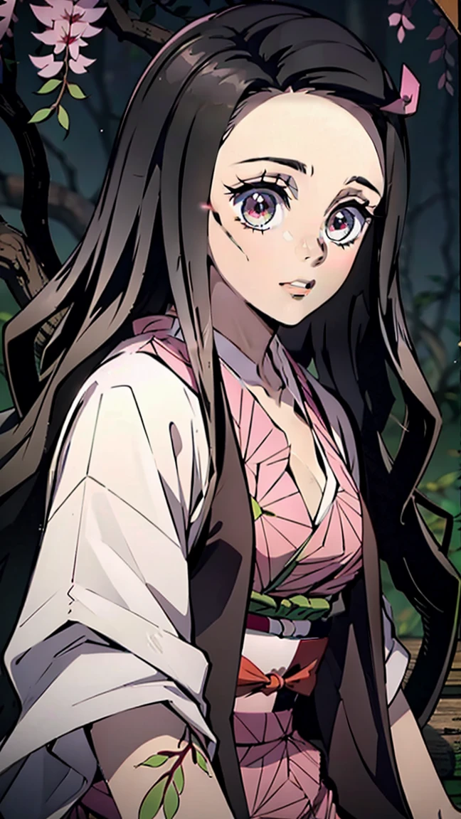 woman, adult girl, Real Photos、girlка демон, Focus on the eyes, tears of joy, stupidly, night, grin, demonic smile, beautiful, Blinding smile, very sweet, Kimano, girl, top quality изображения、character design of Nezuko from Demon Slayer, chedevr, (pink kimono), seductive face, kamado stupidly、Demon kamado stupidly、Ancient Japan, charm of kamado stupidly, leaf tattoos, tattoos pierce the whole body, finely detail, chedevr, Shining eyes, 1girl in, Dark-haired, , kamado stupidly, Wisteria background, chedevr, top quality,