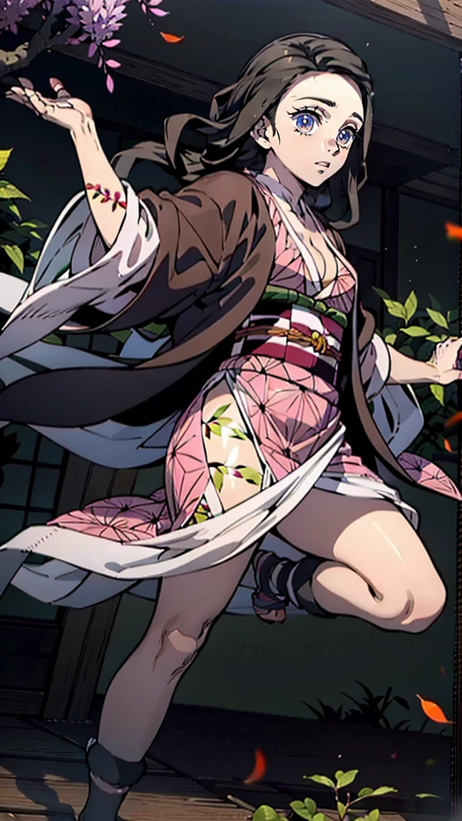 woman, adult girl, Real Photos、girlка демон, Focus on the eyes, tears of joy, stupidly, night, grin, demonic smile, beautiful, Blinding smile, very sweet, Kimano, girl, top quality изображения、character design of Nezuko from Demon Slayer, chedevr, (pink kimono), seductive face, kamado stupidly、Demon kamado stupidly、Ancient Japan, charm of kamado stupidly, leaf tattoos, tattoos pierce the whole body, finely detail, chedevr, Shining eyes, 1girl in, Dark-haired, , kamado stupidly, Wisteria background, chedevr, top quality,
