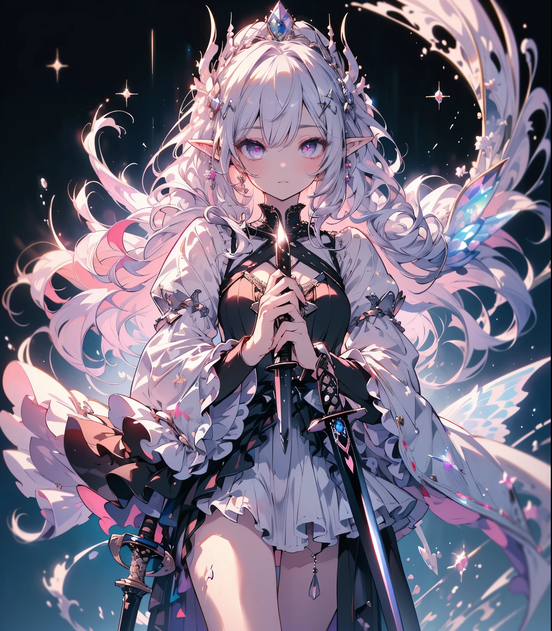 (masterpiece,Highest quality, Very detailed, beautiful, Exquisite, 16K, Full HD),((Whole body)), ((Dark Gothic Castle Background)),((seriously,Murderous Intent:1.5)),(Pale-white flame magic),((Frills, Rhinestones and Silver,Black fluffy layered ball gown)),((Holding a sword:1.5)),(Black tiara,Black choker,Black Earrings,Black shoes,),(Silver Medium Hair,Hair blowing in the wind, Fluffy hair),(White skin,Lavender eyes, Long eyelashes, Big eyes,Pale pink cheeks, Pointed Ears), (Tabletop, Art Station, Fantasy art:1.2),