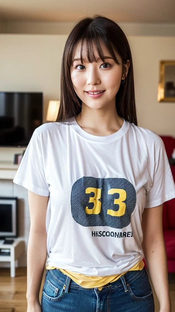 (Highest quality:1.5), (Real:1.4), (Ultra high definition:1.4), (No correction:1.4), (33 year old chubby housewife), (1 Japanese chubby woman with small breasts in thirty-three years old), (chubby body), (small breasts), round face, (Beautiful skin), (bangs:1.1), (White T-shirt), (Denim pants), (chubby housewife is standing in the living room), (33 years old small breasts housewife with T-shirt and denim pants is standing in the living room), (front view of a woman:1.1), (Living room at home), (Upper Body), (smile), (Turn your body forward:1.1), (chubby), (small breasts), (upright:1.1), (Portrait:1.1)