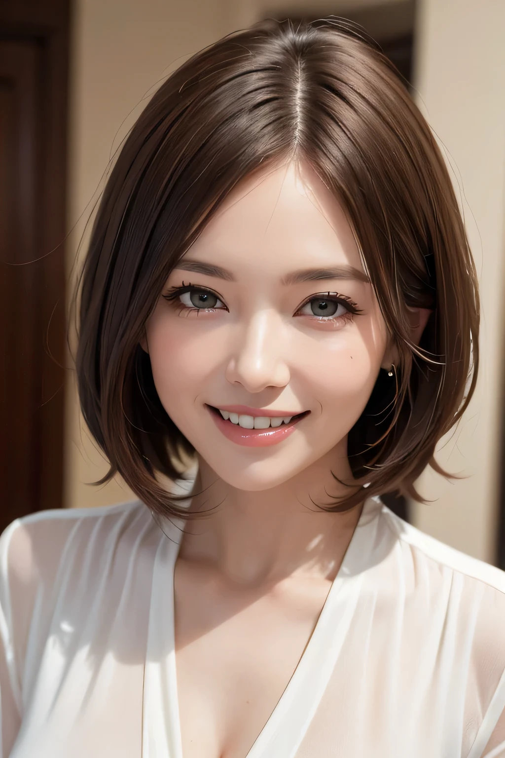((masterpiece)), ((Highest quality)), ((Complex)), ((Surreal)), (Realistic), (Mature Woman), ((No classes)), Very detailed, (1 female), Beautiful and exquisite, (Beautiful Teeth), Grin, Brunette bob hair, Brown eyes, ((blouse)), (Upper Body), (background:none), Perfect Eyes, Captivating eyes, Looking at the audience