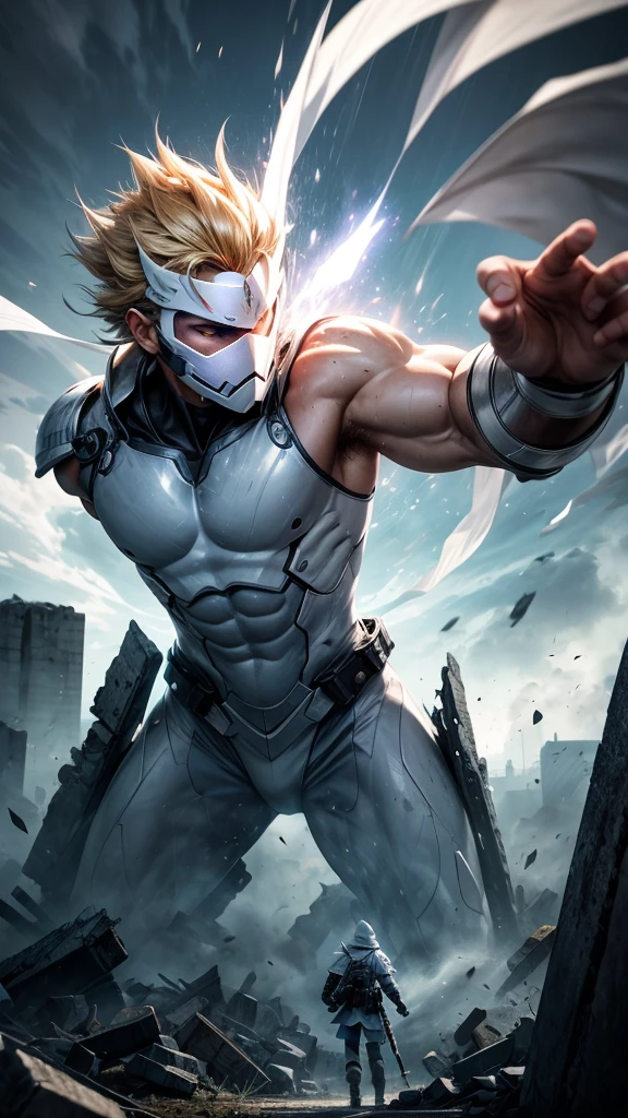 4Kと高解像度で衝撃的なmasterpiece, (masterpiece, Best image quality),One boy, Pure White Hero, (Dynamic pose | Element Surround:1.2), Low angle view, Super detailed, Ruins of the battle, intense, shock wave, Outdoor, Battlefield Background,Guardian of the City,White Mask
