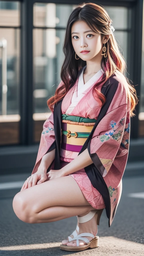 Cute Japanese woman, (), (very cute face), white moisturized skin, looking at the camera, melancholy expression,
BREAK,
Idol,
BREAK,
(wearing cute kimono: 1.3), (highly revealing kimono), very large earrings, short length,
BREAK,
(fighting pose: 1.3),
BREAK,
(long hair), (pink hair: 1.2), (wavy hair), (gradient hair: 1.3), (red hair at the ends),
BREAK,
(realistic: 1.3), masterpiece, perfect lighting, (ultra-high resolution), (8K), (highly detailed: 1.4), (from the front), (full body: 1.4), (symmetrical: 1.2), (one shot),
BREAK,
(Shibuya city in Japan: 1.2),
BREAK,
(Demon Slayer: 1.4),
BREAK,
(Imada Mio: 1.4),