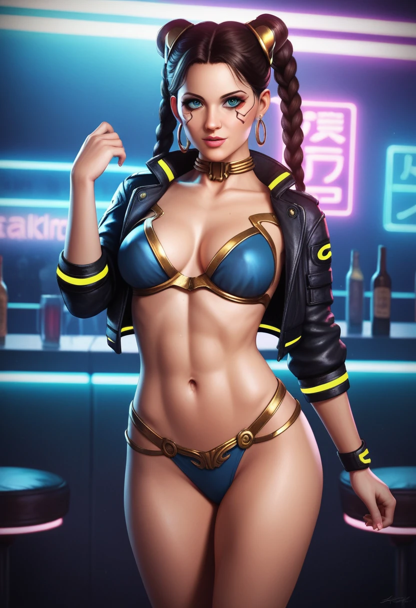 twilek, facial markings, jacket, black top, brown pants, standing, dynamic pose, medium breasts, detailed face and eyes, torso,
detailed background, cyberpunk, bar, neon lights, dark, jacket, Highly detailed, best quality, High resolution, 4K, cinematic lighting, slave Leia costume, tatooine bar