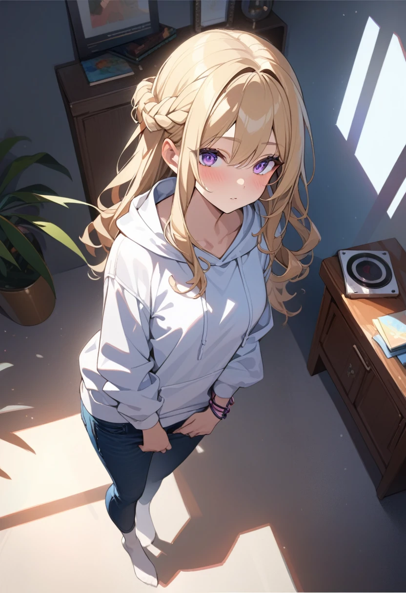 masterpiece, best quality, extremely detailed, ultra detailed, flat anime, 2D, 1girl, (young adult:1.2),blonde hair, (semi-long hair:1.2), curly hair, french braid, medium breasts, purple eyes, tsurime, height 1.7meters, white hooded sweatshirt, jeans,bracelet, long sleeves,socks,  full body,  portrait, Top Light, spotlight
, , very interesting, summer, livingroom, standing, from above