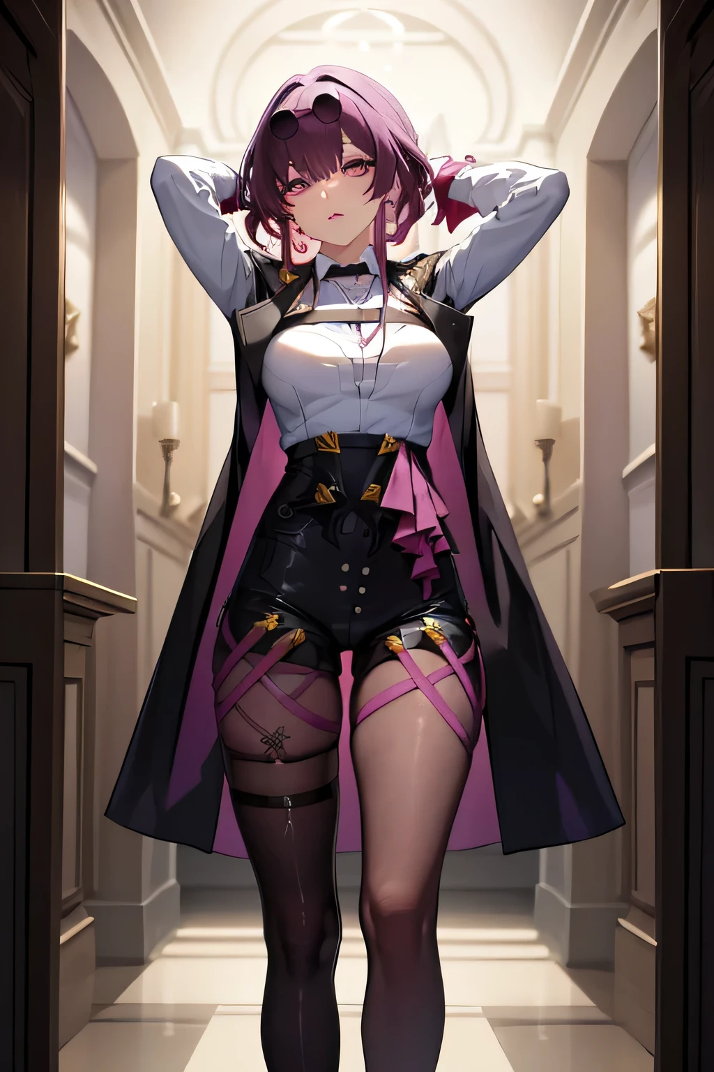 masterpiece, (detailed, high resolution, best quality), 1 Girl, Kafkadev, earrings, Wearing glasses on head, sunglasses, White shirt, Black jacket, Long sleeve, Purple gloves, shorts, Pantyhose, Thigh straps, Semen, Put your hands behind your head, floor