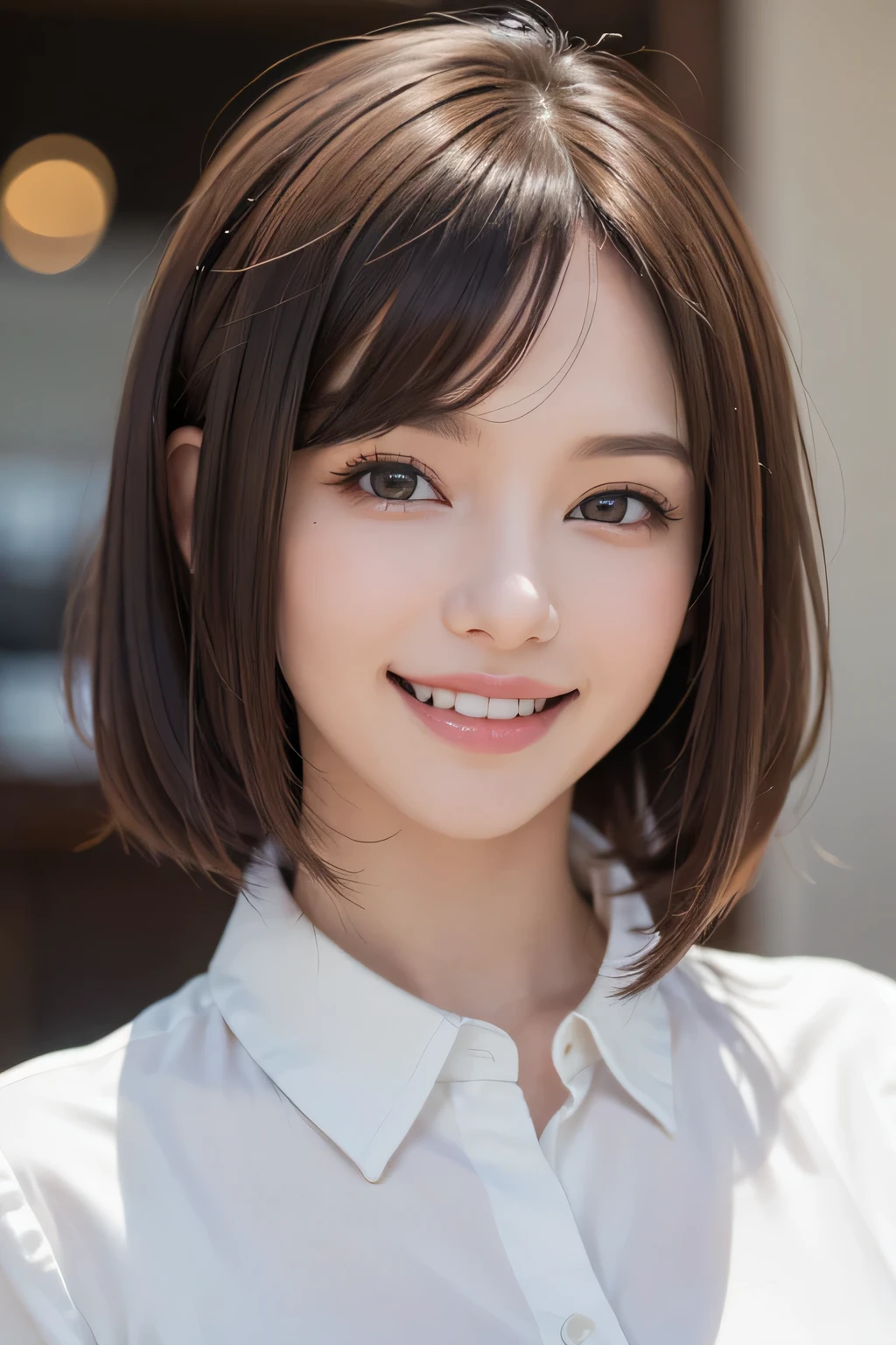 ((masterpiece)), ((Highest quality)), ((Complex)), ((Surreal)), (Realistic), (Mature Woman), ((No classes)), Very detailed, (1 female), Beautiful and exquisite, (Beautiful Teeth), Grin, Brunette bob hair, Brown eyes, ((blouse)), (Upper Body), (background:none), Perfect Eyes, Captivating eyes, Looking at the audience