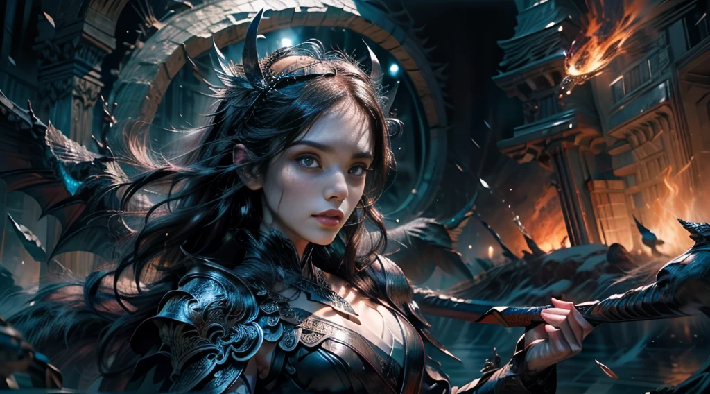 (masterpiece:1.21), (best quality:1.331), ((Extremely detailed)), ((Excellent illustration)), ((Astonishing)), (Ultra-high quality), Beautiful and rich graphics, (Extremely refined:1.21), 8K, wallpaper, (Very beautiful lighting), hard light, Exquisite idea, (Perfect positioning), (Very beautiful and detailed background:1.21), Rembrandt's expression of light and shadow, Dark Tones, (Bass Settings, High color difference), ((Depth of Field)), Deep Shadow, Radial Blur, rain, (Background blur), (1 Female demon),(Beautiful and delicate eyes), Black Wings,Dragon Horn,Wearing a robe,Exquisite leather armor,Glowing sword,The background is a burning city,Mid-range lens