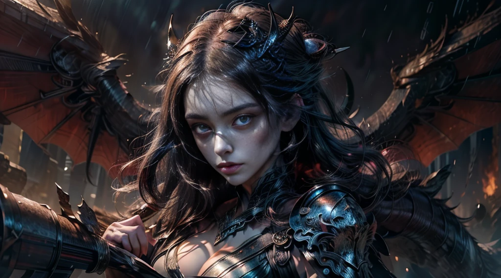 (masterpiece:1.21), (best quality:1.331), ((Extremely detailed)), ((Excellent illustration)), ((Astonishing)), (Ultra-high quality), Beautiful and rich graphics, (Extremely refined:1.21), 8K, wallpaper, (Very beautiful lighting), hard light, Exquisite idea, (Perfect positioning), (Very beautiful and detailed background:1.21), Rembrandt's expression of light and shadow, Dark Tones, (Bass Settings, High color difference), ((Depth of Field)), Deep Shadow, Radial Blur, rain, (Background blur), (1 Female demon),(Beautiful and delicate eyes), Black Wings,Dragon Horn,Wearing a robe,Exquisite leather armor,Glowing sword,The background is a burning city,Mid-range lens