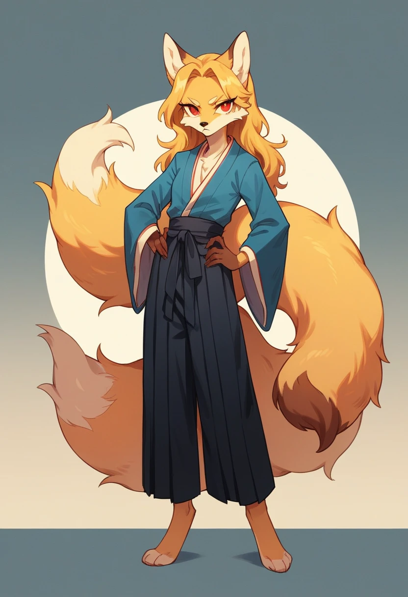 (full body,,The left hand is on the hip),((The right hand is out in front,Nine-tailed tail,)),small breasts,Adult female fox, Furry, Golden fur, Golden facial fur, long golden hair, The hair on his hands is golden, Golden yellow hair on the back of the hand, Light-filled eyes, Red eyes, Brown elements of fur,A plain dark blue kimono,Black Hakama,Very fine fur, Fluffy tail,