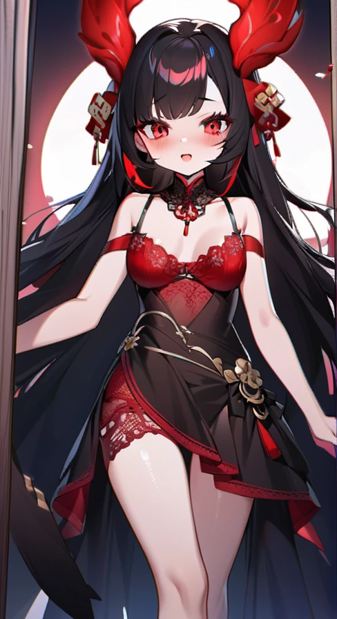 Ultimate Douluo Bai Xiuxiu,Dark Flame Goddess,Blood red lace hollow camisole underwear,Ice red lace hip skirt,Red strappy tight lace hollow evening dress,Black red hair,Exquisite beauty,Blushing ,Succubus
