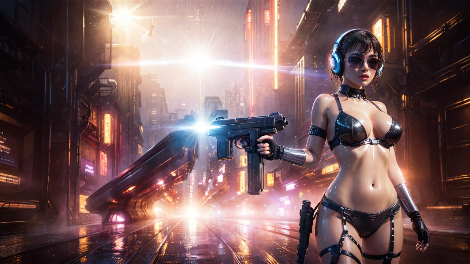 (((aerial view))), Blade Runner style futuristic railway platform, hi-tech train, neon lights, rainy night. (1girl, solo, alone), large-breast:1.2 slim body, cleavage:1.1, sexy lingerie with wet jacket, headphone, (black sunglasses), (((she raised a pistol:1.8 and shot:1.8 the viewer))), dynamic pose, (((half-body thigh level medium shot))), cinematic lighting, lens flare, ray tracing, blurred:1.4 background.