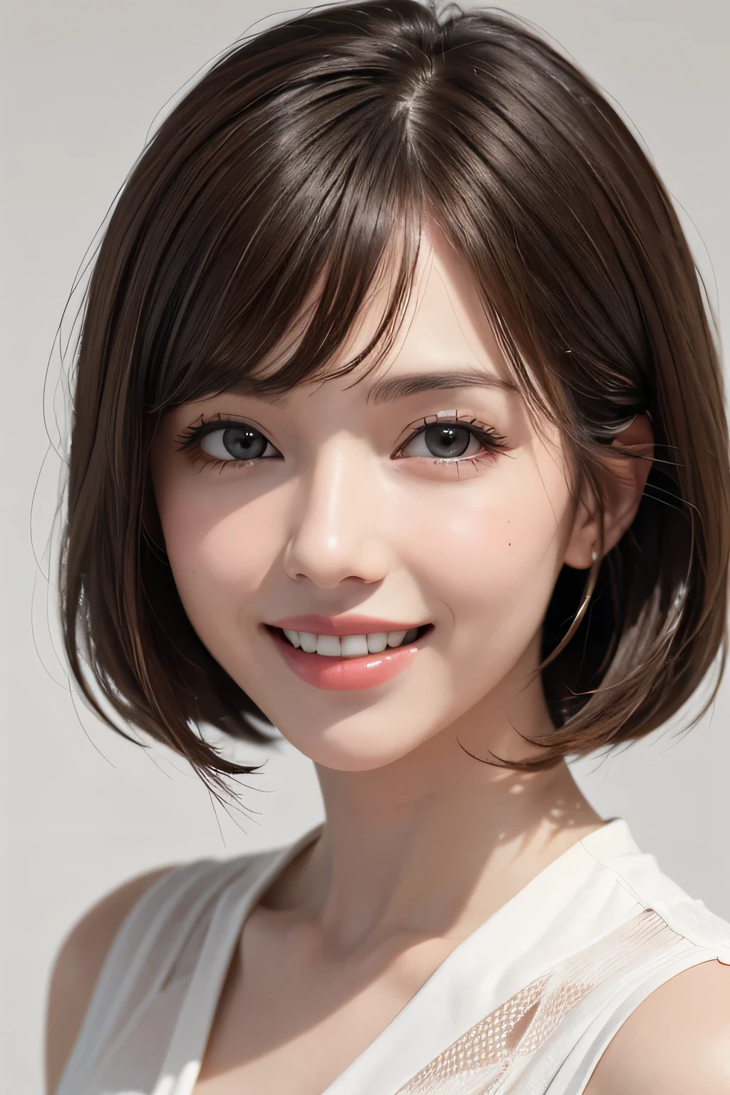 ((masterpiece)), ((Highest quality)), ((Complex)), ((Surreal)), (Realistic), (Mature Woman), ((No classes)), Very detailed, (1 female), Beautiful and exquisite, (Beautiful Teeth), Grin, Brunette bob hair, Brown eyes, ((blouse)), (Upper Body), (background:none), Perfect Eyes, Captivating eyes, Looking at the audience