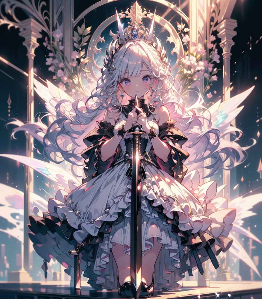 (masterpiece,Highest quality, Very detailed, beautiful, Exquisite, 16K, Full HD),((Whole body)), ((Dark Gothic Castle Background)),((seriously,Murderous Intent:1.5)),(Pale-white flame magic),((Frills, Rhinestones and Silver,Black fluffy layered ball gown)),((Holding a sword:1.5)),(Black tiara,Black choker,Black Earrings,Black shoes,),(Silver Medium Hair,Hair blowing in the wind, Fluffy hair),(White skin,Lavender eyes, Long eyelashes, Big eyes,Pale pink cheeks,), (Tabletop, Art Station, Fantasy art:1.2),