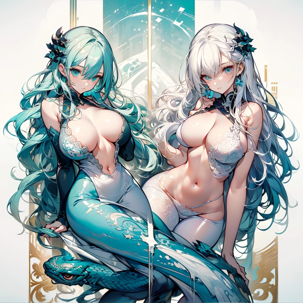 ((masterpiece, best quality)), Delicate face,Snake Woman,Full body painting,Perfect body proportions,Long legs,((Long wavy hair)), ((Half of her hair is white,The other half is cyan,Available in two colors)),beautiful eyes,Fantasy style,White background,transparent,cheongsam,Lace