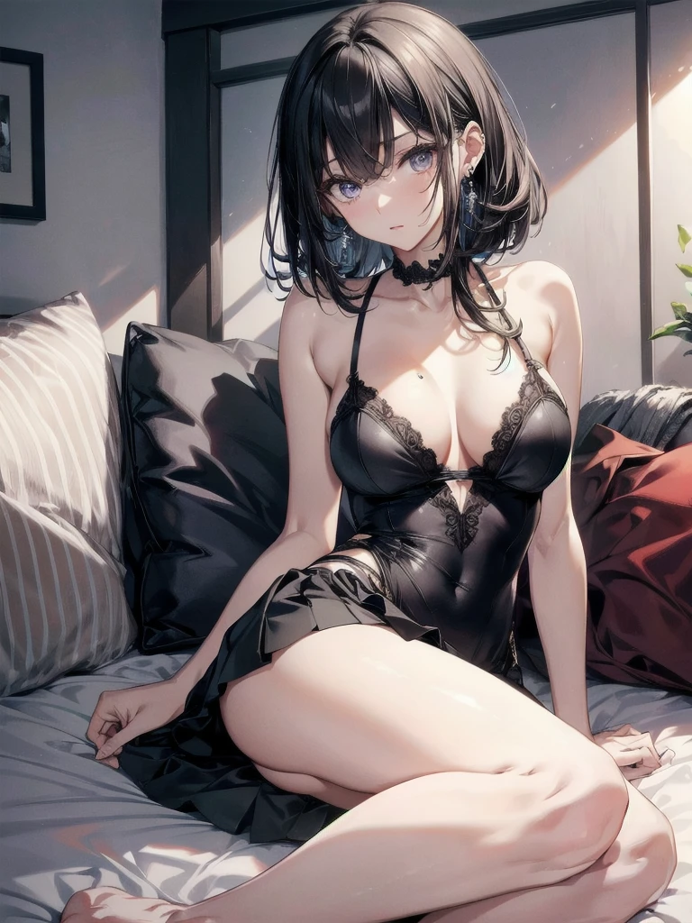 absurdres, RAW photo, extremely delicate and beautiful, masterpiece, Best Quality, ultra high resolution, 32k, hyperrealistic, ultra-detailed, perfect anatomy, anatomically correct, perfect figure, Perfect Style, Perfect balance, in her 20s, very Slim body, narrow waist, very small head, very small face, delicate facial features, detailed face, detailed eyes, tearful mole, earring, very huge round breasts, whole body shot, whole legs, medium hair, asymmetrical hair, indoor, skirt, camisole,