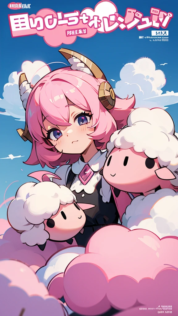 Magazine Cover, Keep the background simple, Pink sheep themed characters, cloud hair, ram's horn, Wearing big sneakers, cyber punk, whole body, closed eyes, light smile, projected inset, uhd, highres, best quality