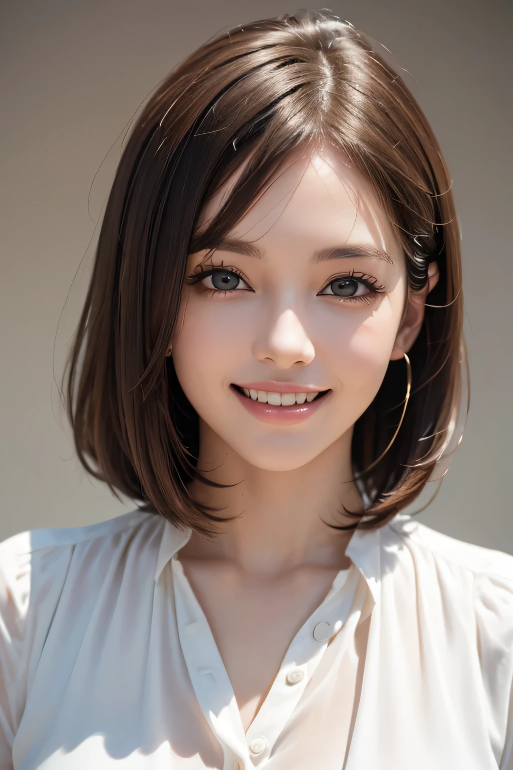 ((masterpiece)), ((Highest quality)), ((Complex)), ((Surreal)), (Realistic), (Mature Woman), ((No classes)), Very detailed, (1 female), Beautiful and exquisite, (Beautiful Teeth), Grin, Brunette bob hair, Brown eyes, ((blouse)), (Upper Body), (background:none), Perfect Eyes, Captivating eyes, Looking at the audience