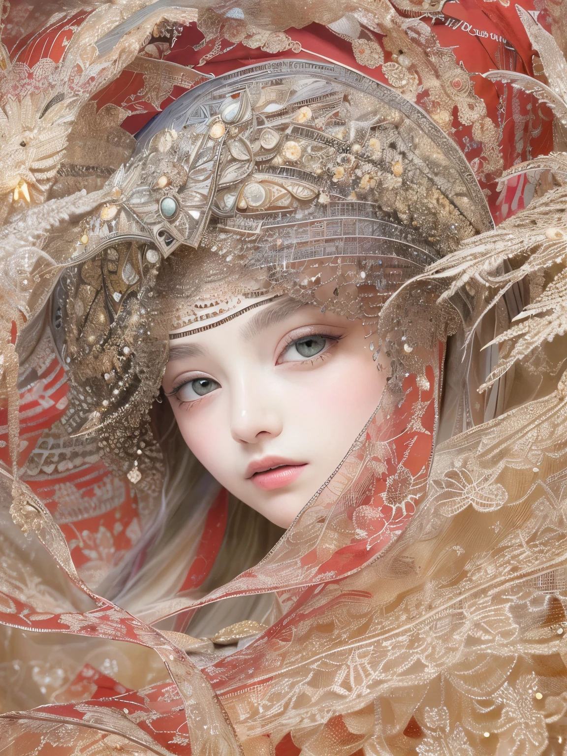 ((((masterpiece))),Arabian beauties、Highest quality, An illustration, Beautiful details shine,
paper_cut, The details of a fragile girl's face captured on camera, Japanese silver grass、wood, moon, Wind,star、Red Mist