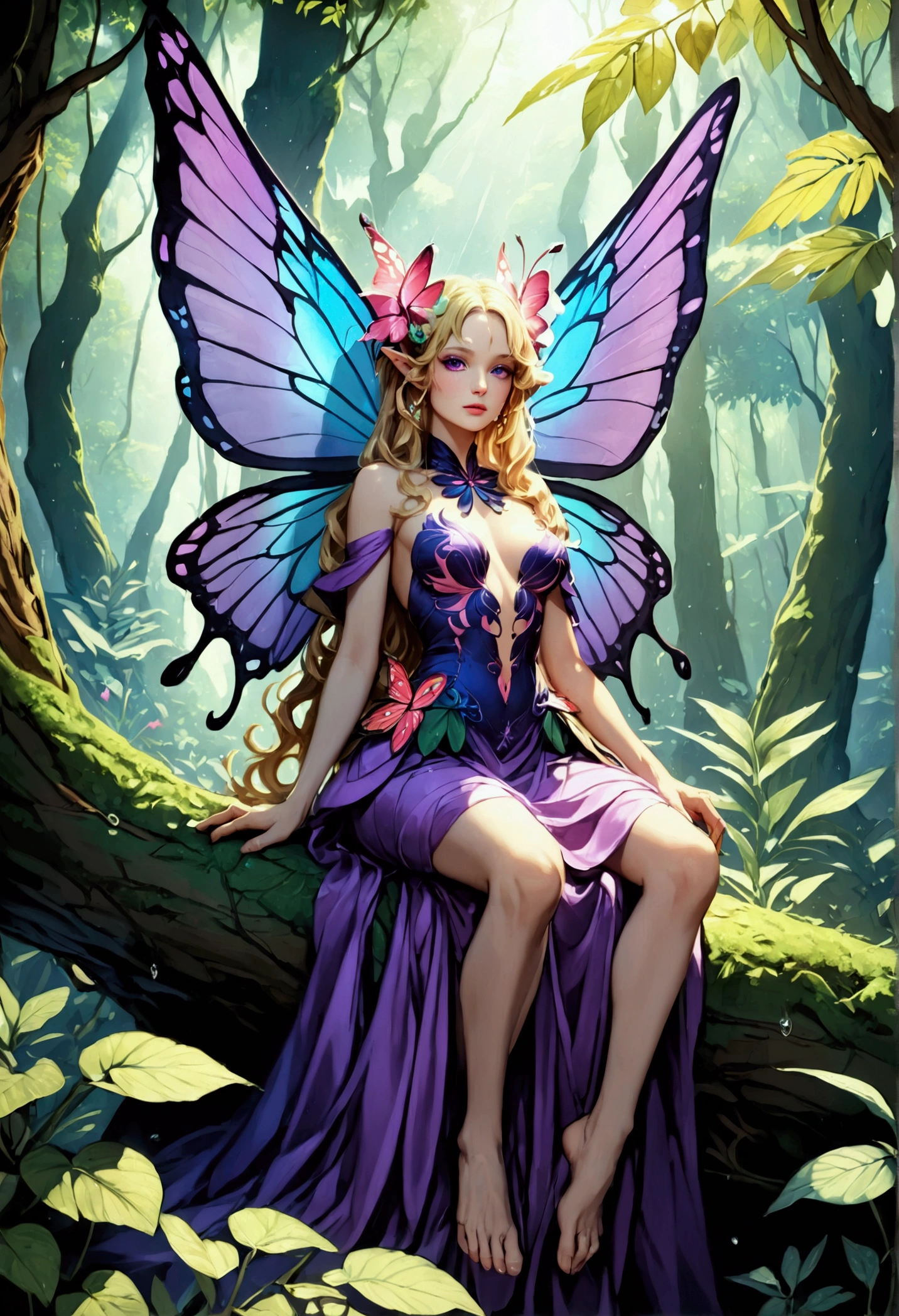 a picture of a jungle fairy, an extraordinary beautiful, elegant beauty, divine beautiful fairy, ((anatomically correct: 1.5)) spread butterfly wings, blue and purple wings, pink eyes, glowing eyes, (ultra detailed face: 1.2), best detailed face,  blond hair, rich hair, wavy hair, glamour dress, wild dress, dress decorated with jungle flowers,  sitting on massive heliconia tree the rain forest, sun rays coming through the trees, Hyperrealism style, vibrant, Ultra-high resolution, High Contrast, (masterpiece:1.5), highest quality, Best aesthetics), best details, best quality, highres, ultra wide angle, 16k, [ultra detailed], masterpiece, best quality, (extremely detailed) RAW, chumbasket art style, FairyTaleAI, fairy wings, chumbasket art style 