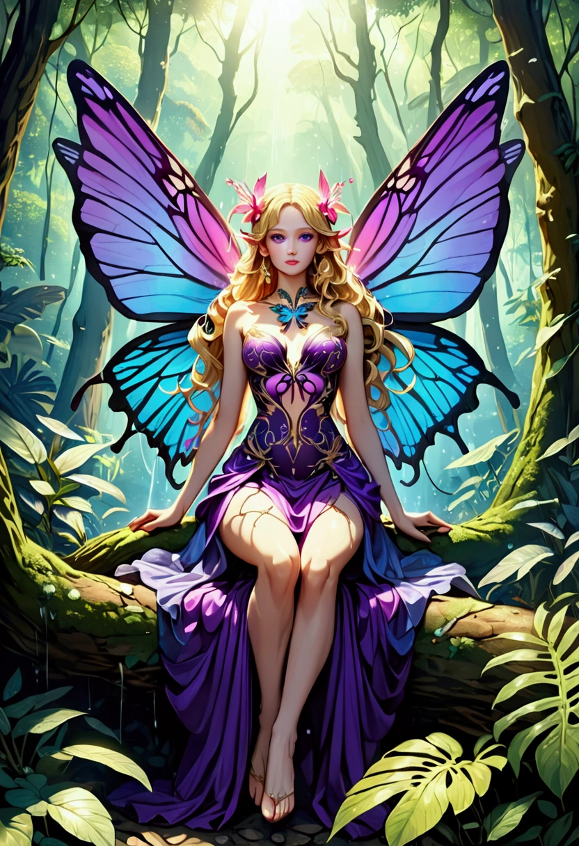 a picture of a jungle fairy, an extraordinary beautiful, elegant beauty, divine beautiful fairy, ((anatomically correct: 1.5)) spread butterfly wings, blue and purple wings, pink eyes, glowing eyes, (ultra detailed face: 1.2), best detailed face,  blond hair, rich hair, wavy hair, glamour dress, wild dress, dress decorated with jungle flowers,  sitting on massive heliconia tree the rain forest, sun rays coming through the trees, Hyperrealism style, vibrant, Ultra-high resolution, High Contrast, (masterpiece:1.5), highest quality, Best aesthetics), best details, best quality, highres, ultra wide angle, 16k, [ultra detailed], masterpiece, best quality, (extremely detailed) RAW, chumbasket art style, FairyTaleAI, fairy wings, 