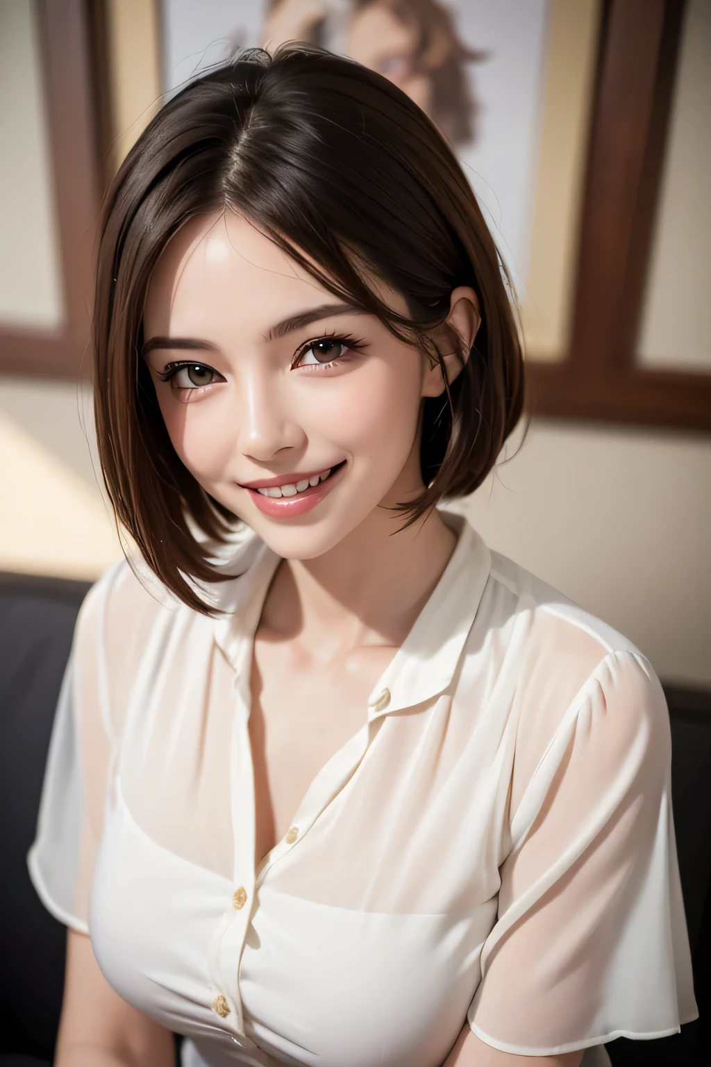 ((masterpiece)), ((Highest quality)), ((Complex)), ((Surreal)), (Realistic), (Mature Woman), ((No classes)), Very detailed, (1 female), Beautiful and exquisite, (Beautiful Teeth), Grin, Brunette bob hair, Brown eyes, ((blouse)), (Upper Body), (background:none), Perfect Eyes, Captivating eyes, Looking at the audience