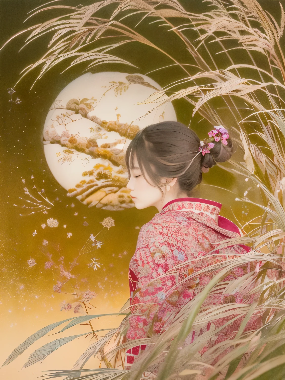 ((((masterpiece))),Japanese Beauty、Highest quality, An illustration, Beautiful details shine,
paper_cut, The details of a fragile girl&#39;s face captured on camera, Japanese silver grass、wood, moon, Wind,star、Red Mist