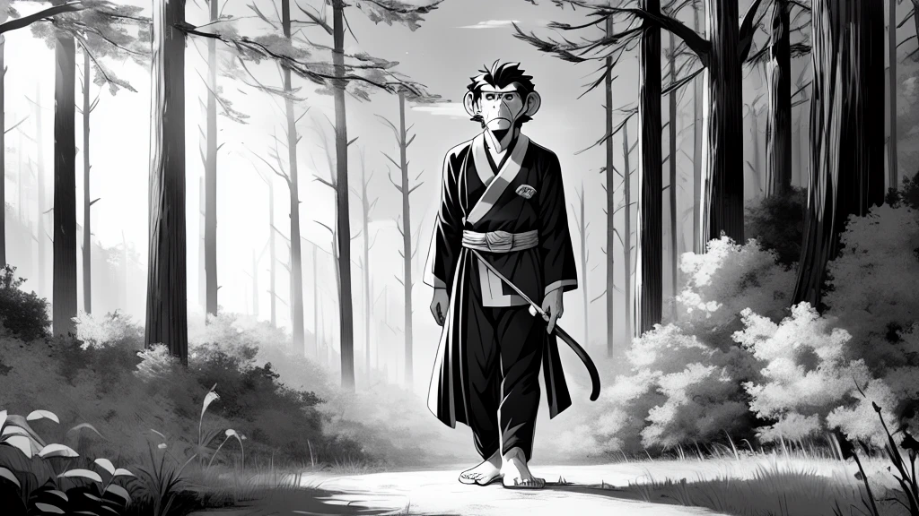 ((Masterpiece, high quality, best graphics, high definition, high definition, 4k)), old photo, vintage photo, 1 Monkey boy, (Solo), (((monkey ears, monkey tail))), ((upper body)), Wooden Katana in right hand, old samurai suit, old samurai pants, (ribbon on waist), wooden sandals, looking away, standing, (((monochrome, grayscale, pencil style, old movie style, noise, VHS movie, anime style))), (forest background, trees, tree shadow, grass, (((Saru to kani no Gassen anime 1917 style))).