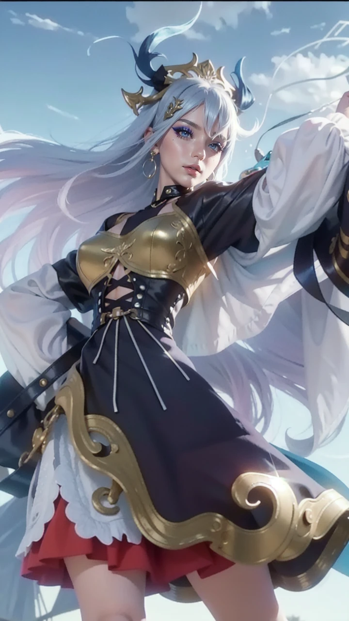 (masterpiece:1.2, best quality), (1lady, solo, upper body:1.2), Hair: shaved on one side, long on the other side, dyed bright blue, Makeup: bold, graphic eyeliner with rhinestones on the outer corners of the eyes, Clothing: a handmade, one-of-a-kind, patchwork jacket with fringe, paired with black leather shorts and fishnet stockings, Accessories: a silver nose ring and multiple ear piercings with unique jewelry pieces, Attending a music festival or alternative fashion event