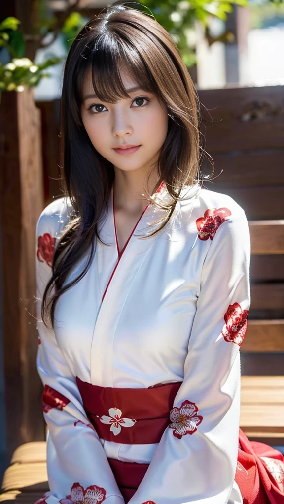 masterpiece, Highest quality，16K, Ultra-high resolution，The light and shadow of reality，Cinema Lenses，((Very skinny)),((Her waist is so slim and beautiful)),((High nose、Small Mouth)),((Clean and slim face line)),((Big dark eyes with long eyelashes)),((Very small face))((Very slim and beautiful arms)),((She is very slim and has a great figure)),((Pure white beautiful skin)),((Cute Japanese Girls)),(((A long-sleeved kimono with a red and black floral pattern、Long sleeve yukata))),((Sitting on a bench in a stylish cafe)),(Beautiful Eyes:1.1)，Reflecting clear eyes and a gentle smile,