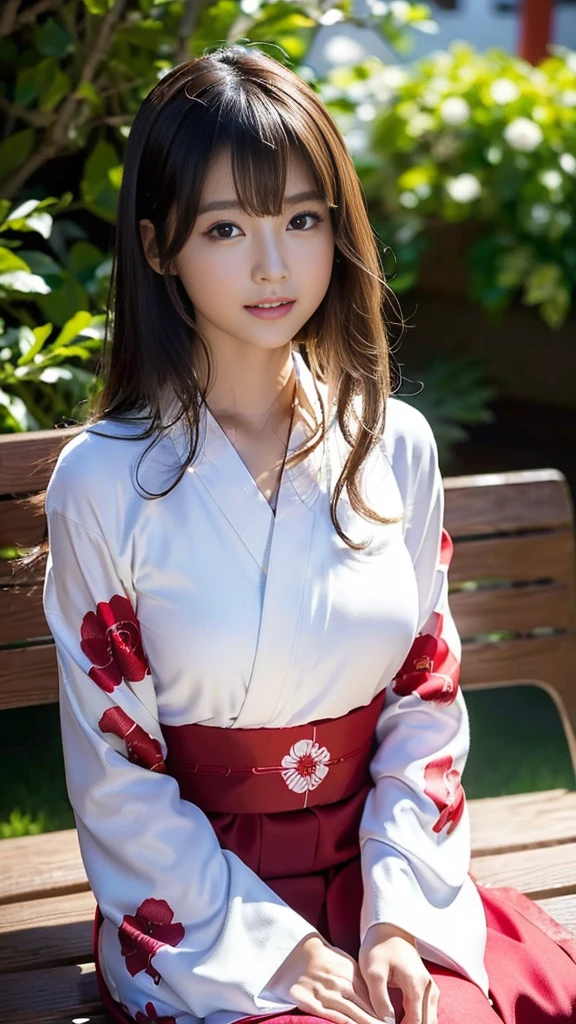 masterpiece, Highest quality，16K, Ultra-high resolution，The light and shadow of reality，Cinema Lenses，((Very skinny)),((Her waist is so slim and beautiful)),((High nose、Small Mouth)),((Clean and slim face line)),((Big dark eyes with long eyelashes)),((Very small face))((Very slim and beautiful arms)),((She is very slim and has a great figure)),((Pure white beautiful skin)),((Cute Japanese Girls)),(((A long-sleeved kimono with a red and black floral pattern、Long sleeve yukata))),((Sitting on a bench in a stylish cafe)),(Beautiful Eyes:1.1)，Reflecting clear eyes and a gentle smile,