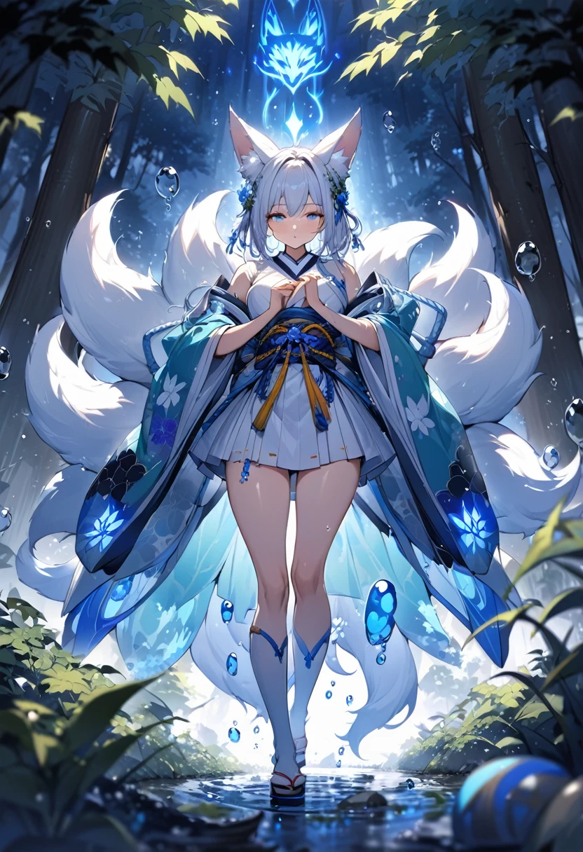 Masterpiece, Extremely detailed, beautiful, perfect face e, close distance shot, (A beautiful kitsune woman peering through the leaves in a dense forest) , {she is surrounded by motes of blue fire}, facing viewer, (dynamic pose) , fox ears, nine fox tails, traditional Japanese clothing. Japanese sandels, ((vegetation in the forground, water droplets on leaves, subject partially obscured by vegetation)) , ((moonlit night)) 