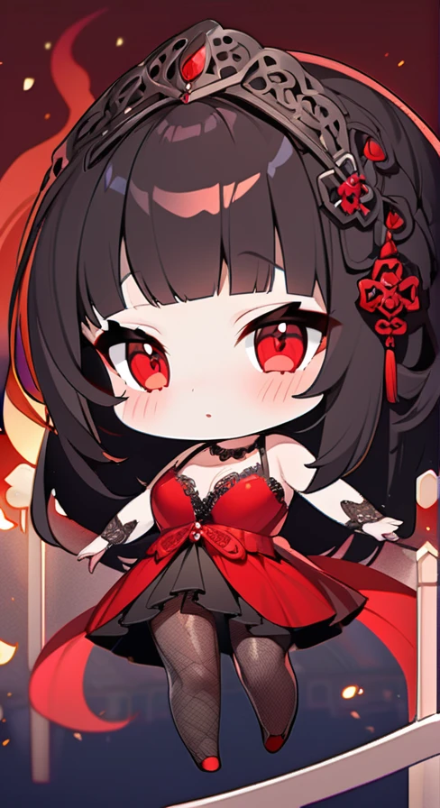 Ultimate Douluo Bai Xiuxiu，Dark Flame Goddess，Blood red lace hollow camisole underwear，Ice red lace hip skirt，Red strappy tight lace hollow evening dress，Black red hair，Exquisite beauty，Blushing Loli，Succubus，full-body shot，Fun