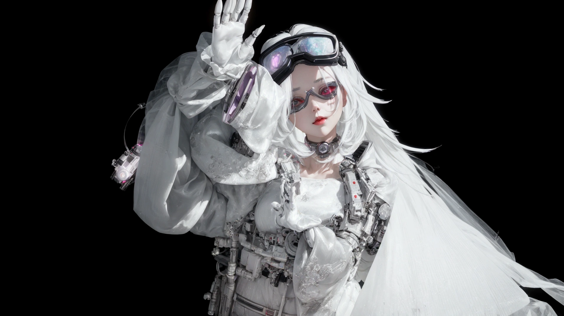 Woman wearing goggles waving, White fashion photos, Rococo Cyberpunk, Double ponytail white_Gloves, Inspired by cold plum, 3D Rendering Character Art 8k, guweiz style artwork, 8k Octave Rendering Photo, Electronic Girl, Electronic Girl, Fashion cyberpunk robot