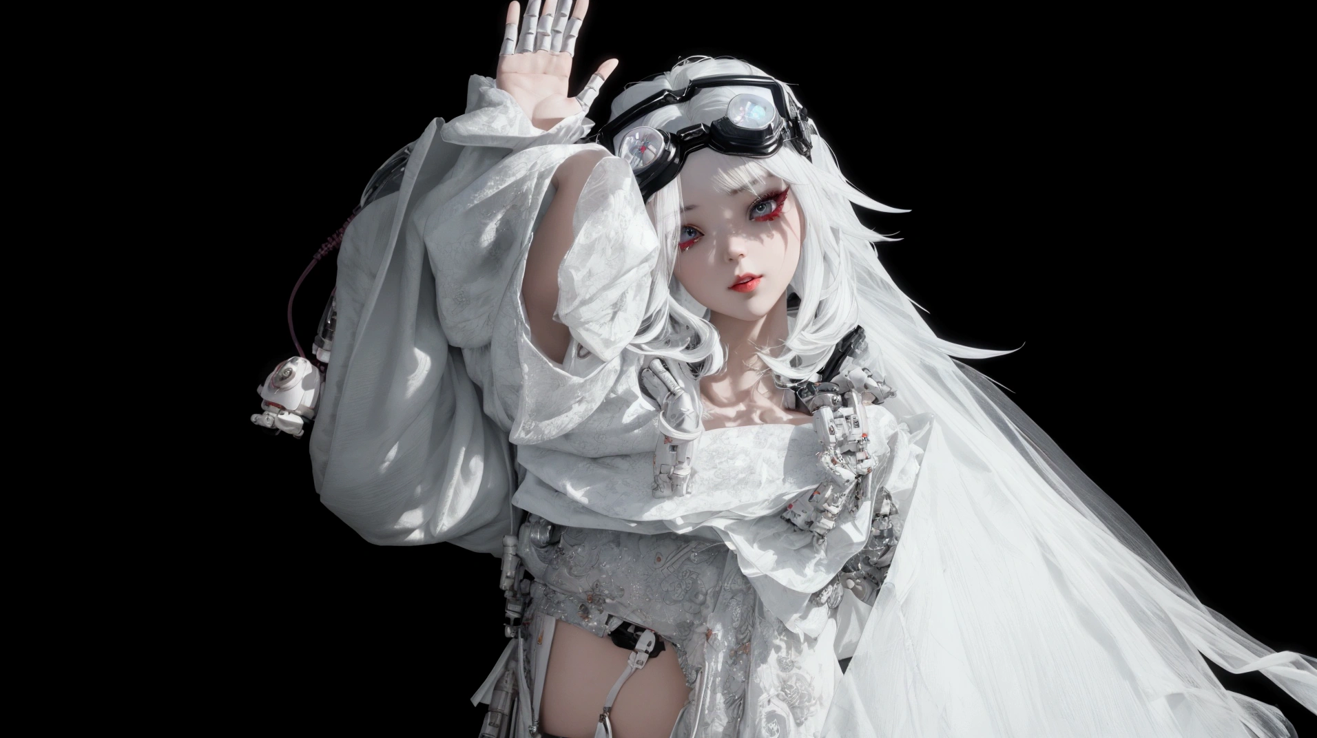 Woman wearing goggles waving, White fashion photos, Rococo Cyberpunk, Double ponytail white_Gloves, Inspired by cold plum, 3D Rendering Character Art 8k, guweiz style artwork, 8k Octave Rendering Photo, Electronic Girl, Electronic Girl, Fashion cyberpunk robot