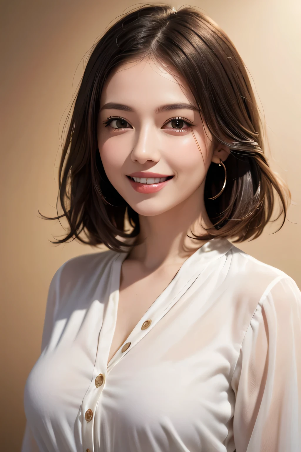 ((masterpiece)), ((Highest quality)), ((Complex)), ((Surreal)), (Realistic), (Mature Woman), ((No classes)), Very detailed, (1 female), Beautiful and exquisite, (Beautiful Teeth), Grin, Brunette bob hair, Brown eyes, ((blouse)), (Upper Body), (background:none), Perfect Eyes, Captivating eyes, Looking at the audience