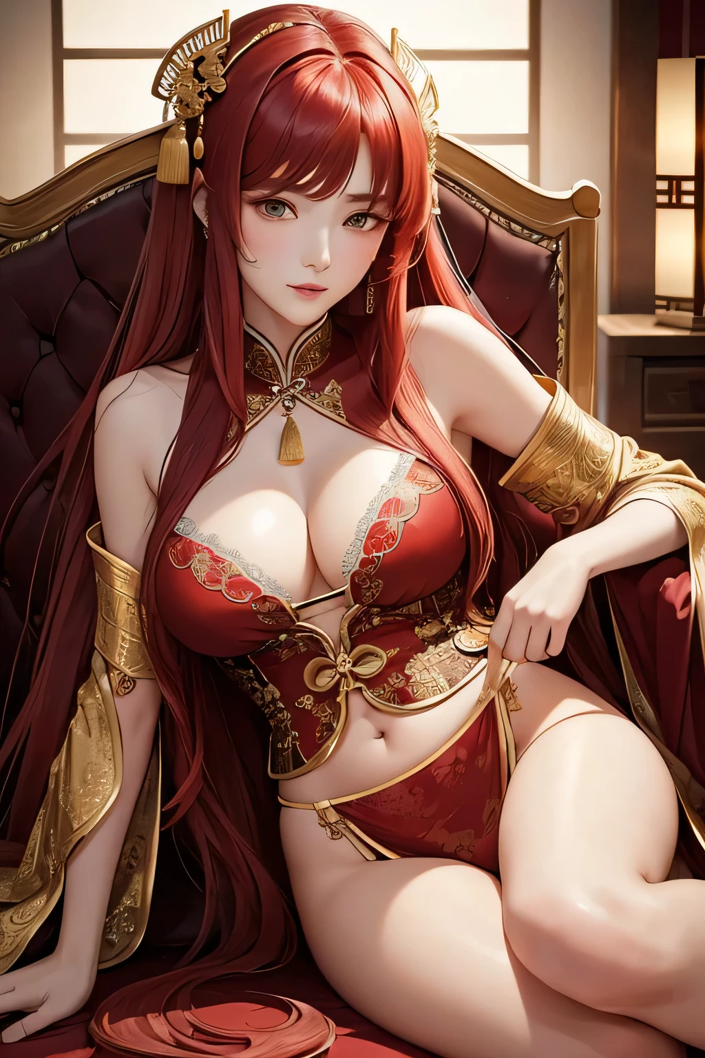 Create an image of Yang Guifei, the famous Chinese imperial consort, in an intimate and sensual setting. She should be depicted in elegant and luxurious traditional Chinese undergarments, featuring intricate silk designs with delicate lace and embroidery. Her long black hair flows gracefully, contrasting with the soft fabric of her attire. Yang Guifei is reclining on a sumptuous chaise lounge, surrounded by opulent elements such as silk drapes, ornate screens, and delicate flower arrangements. The background should evoke a sense of serene luxury, with soft, warm lighting that enhances her beauty and creates an intimate atmosphere.(((Red hair)))