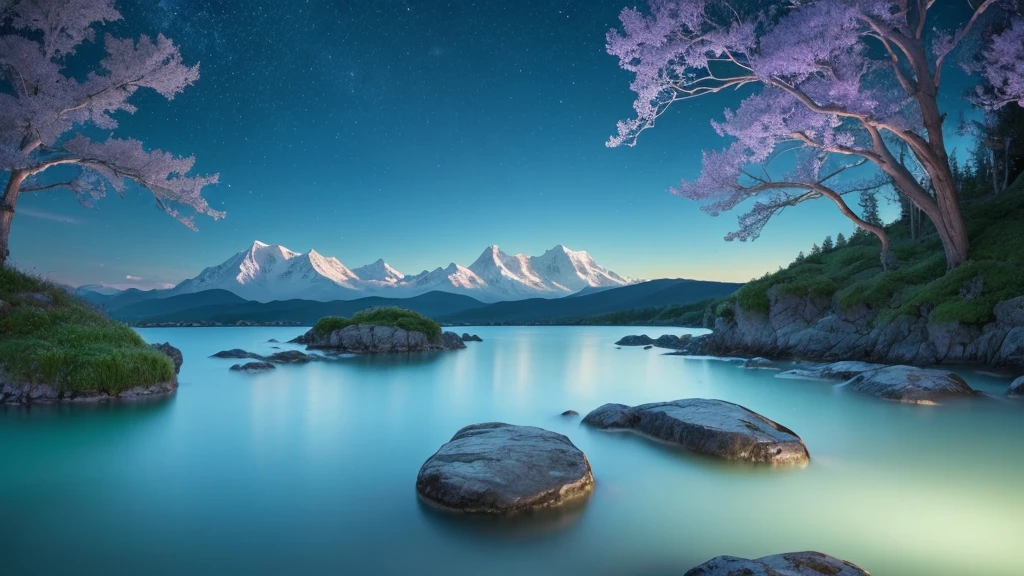 "Create a mystical and beautiful banner for a meditation and healing music YouTube channel. The design should feature ethereal and calming elements, such as a serene landscape with soft, glowing lights. Include gentle waves or ripples of water, surrounded by delicate, dreamy clouds and a subtle, glowing aura. The color palette should include soothing blues, gentle purples, and soft greens. Incorporate subtle elements of nature, like tranquil forests or distant mountains, blending harmoniously with the celestial background. The overall effect should evoke a sense of peace, relaxation, and wonder."