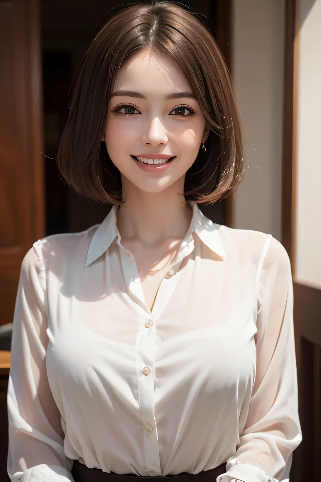 ((masterpiece)), ((Highest quality)), ((Complex)), ((Surreal)), (Realistic), (Mature Woman), ((No classes)), Very detailed, (1 female), Beautiful and exquisite, (Beautiful Teeth), Grin, Brunette bob hair, Brown eyes, ((blouse)), (Upper Body), (background:none), Perfect Eyes, Captivating eyes, Looking at the audience